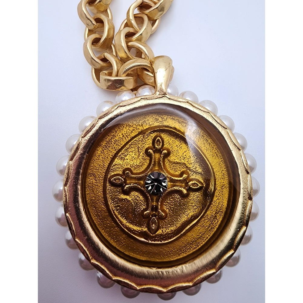 Chico's Gold & Silver Tone Faux Pearl Medallion Cross Pendant Statement Necklace - Picture 3 of 10